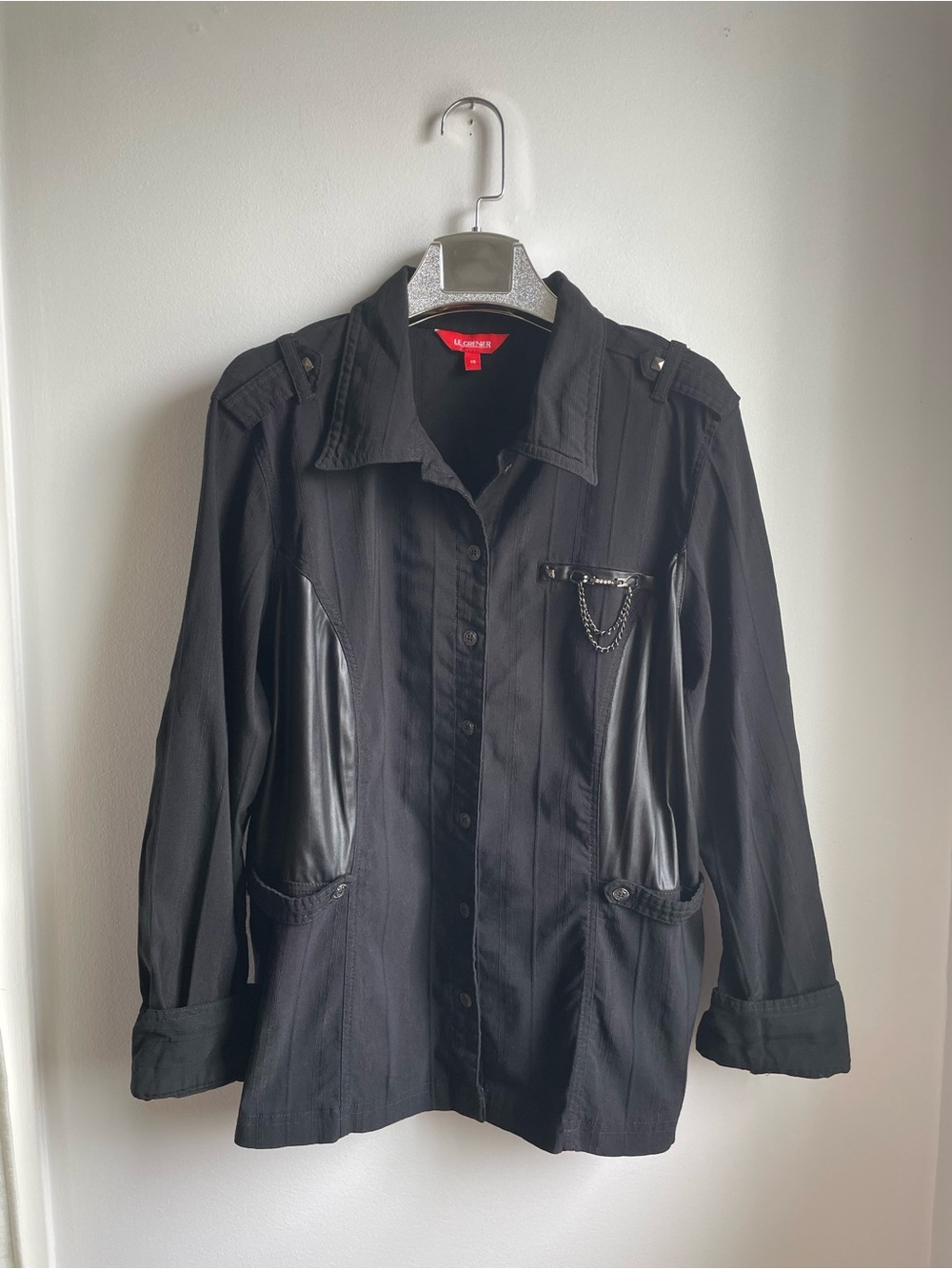 Black Button-Up Top with Faux Leather Panels and Metal Details-Whimsigoth